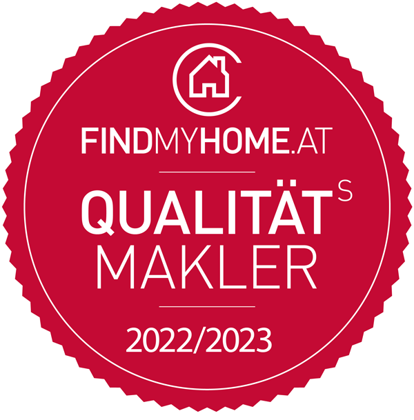 Rotes Siegel ausgestellt von Findmyhome.at zeichnet Immobilien Purkarthofer als Qualitätsmakler 2022/2023